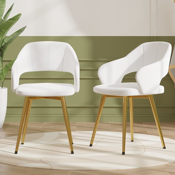 VECELO Set of 2 Modern Velvet Dining Chair with Thick Cushions, Upholstered Kitchen Chair with Gold Metal Legs, White