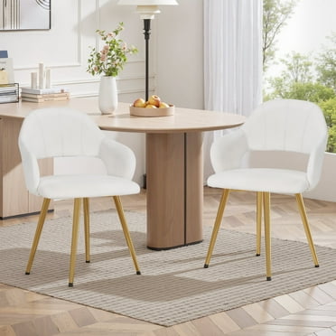 VECELO Set of 2 Modern Velvet Dining Chair with Thick Cushions, Upholstered Kitchen Chair with Gold Metal Legs, White