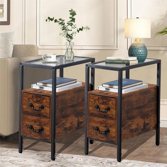 VECELO Set of 2 Nightstand, 2-Drawer and Tempered Glass Tabletop Storage Shelf, Brown
