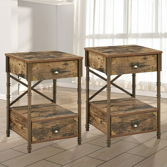VECELO Set of 2 Nightstand with 2-Drawer and Open Storage Shelf, Side End Table for Living Room, Bedroom, Brown