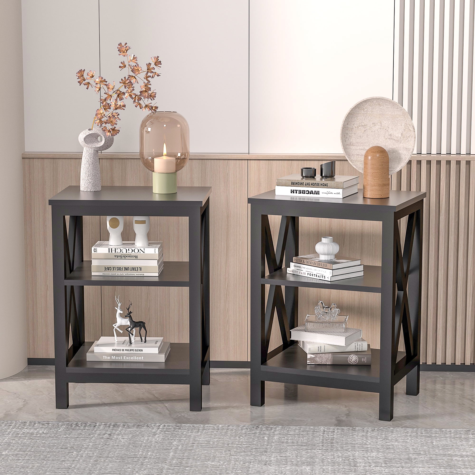 VECELO Set of 2 Nightstand with 3-Tier Shelf, Side End Table for Living Room, Bedroom, Black
