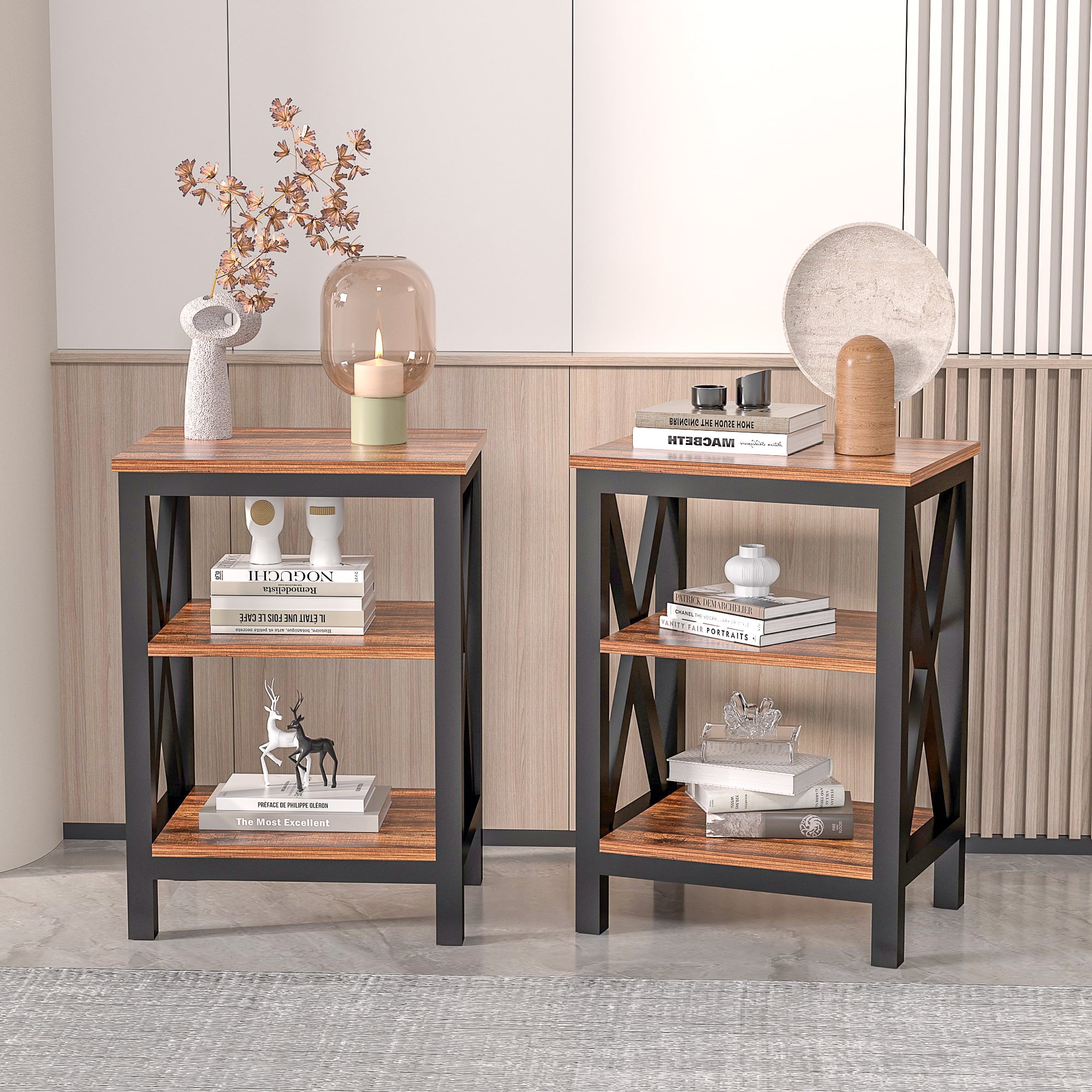 VECELO Set of 2 Nightstand with 3-Tier Shelf, Side End Table for Living Room, Bedroom, Brown
