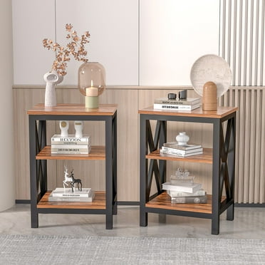 VECELO Set of 2 Nightstand with 3-Tier Shelf, Side End Table for Living Room, Bedroom, Brown