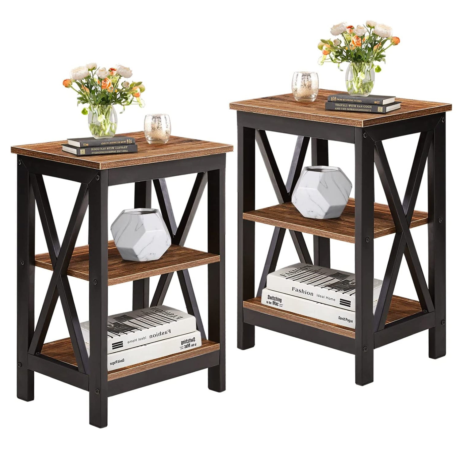 VECELO Rustic Wooden Nightstand Set of 2, 3Tier Shelves, XShaped End