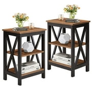 VECELO Set of 2 Nightstand with 3-Tier Shelves, X-Shaped Sofa Side End Table for Bedroom/Living Room/Office, Brown