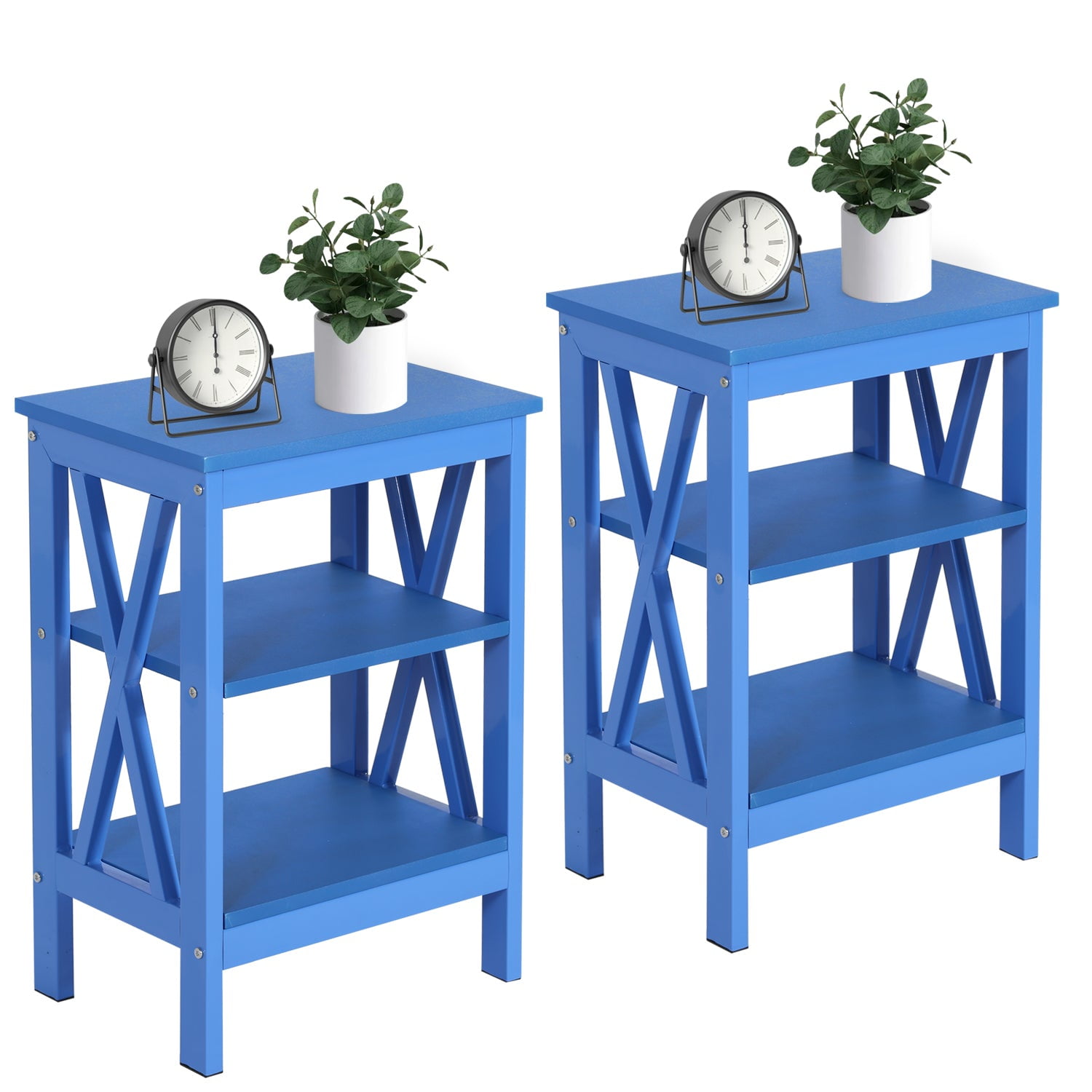 VECELO Set of 2 Nightstand with 3-Tier Shelves, X-Shaped Sofa Side End Table for Bedroom/Living Room/Office, Dark Blue