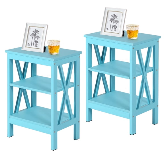 VECELO Set of 2 Nightstand with 3-Tier Shelves, X-Shaped Sofa Side End Table for Bedroom/Living Room/Office, Light Blue