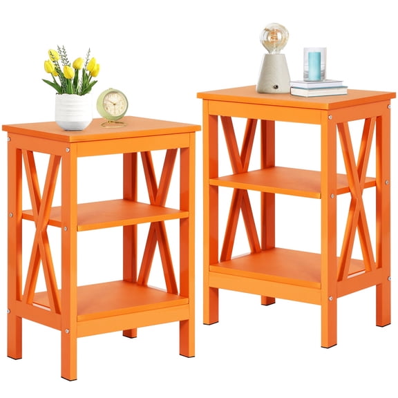 VECELO Set of 2 Nightstand with 3-Tier Shelves, X-Shaped Sofa Side End Table for Bedroom/Living Room/Office, Orange
