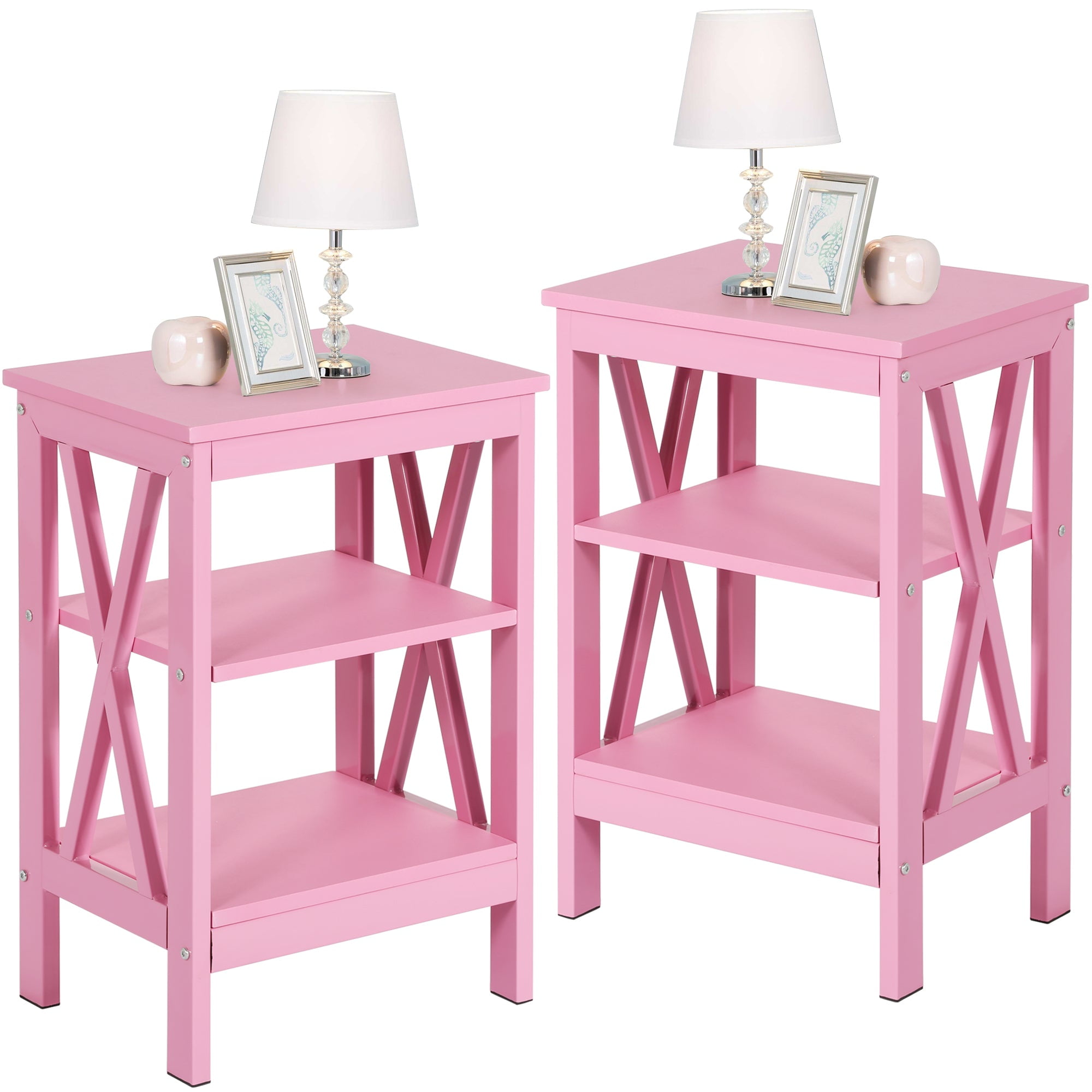 VECELO Set of 2 Nightstand with 3-Tier Shelves, X-Shaped Sofa Side End Table for Bedroom/Living Room/Office, Pink