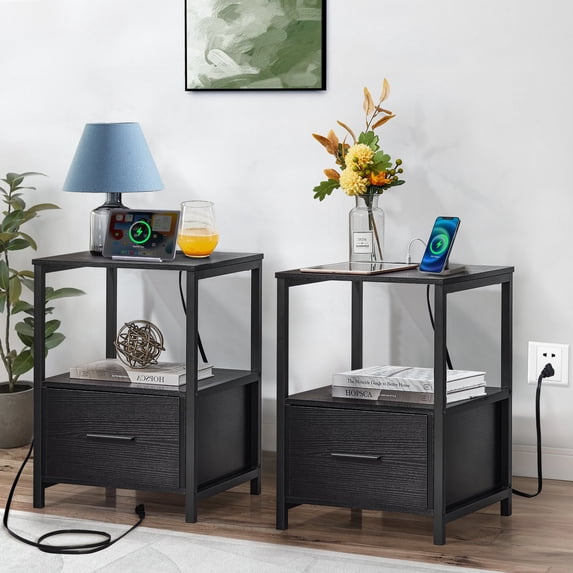 VECELO Set of 2 Nightstand with Charging Station, Modern End Side Table with 1-Drawer and Open Storage, 2 USB Ports & 2 Outlet, Black