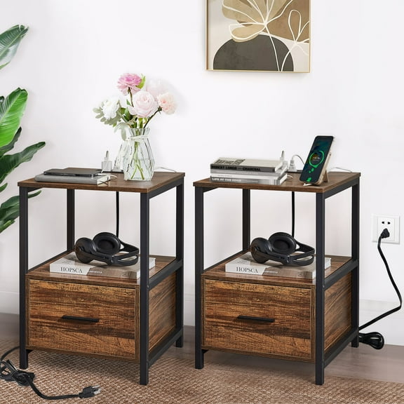 VECELO Set of 2 Nightstand with Charging Station, Modern End Side Table with 1-Drawer and Open Storage, 2 USB Ports & 2 Outlet, Brown