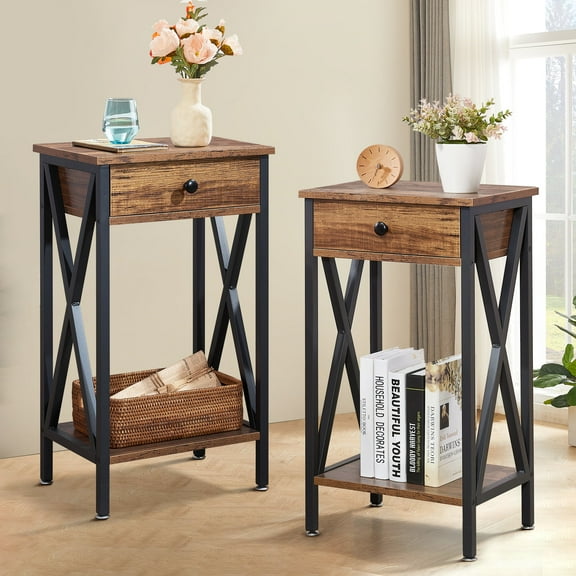 VECELO Set of 2 Nightstand with Drawer, Industrial Side End Table for Bedroom/Living Room/Office, X-shaped Frame Design, Brown