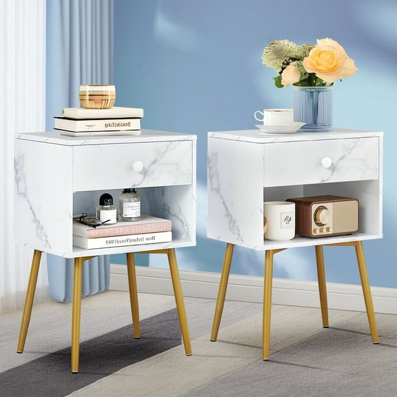 VECELO Set of 2 Nightstand with Drawer, Mid-Century Side End Table/Bedside Table for Bedroom, Living Room, Sofa Couch, White