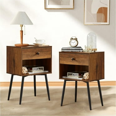 VECELO Set of 2 Nightstand with Drawer, Mid-Century Side End Table with Stable Metal Frame for Bedroom Living Room, Brown