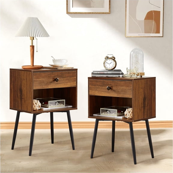 VECELO Set of 2 Nightstand with Drawer, Mid-Century Side End Table with Stable Metal Frame for Bedroom Living Room, Brown