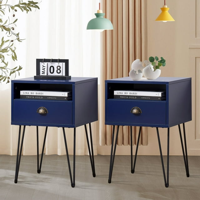 VECELO Set of 2 Nightstand with Drawer and Open Shelf, Modern Side Table for Living Room/Bedroom/Office, Dark Blue