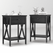 VECELO Set of 2 Nightstand with Drawer and Open Storage Shelves, Bedside End Table for Bedroom Living Room, Black