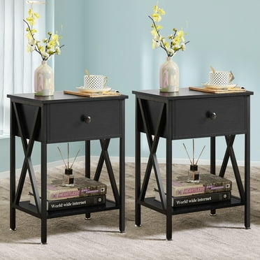 VECELO Set of 2 Nightstand with Drawer and Open Storage Shelves, Bedside End Table for Bedroom Living Room, Black