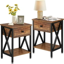 VECELO Set of 2 Nightstand with Drawer and Open Storage Shelves, Bedside End Table for Bedroom Living Room, Brown