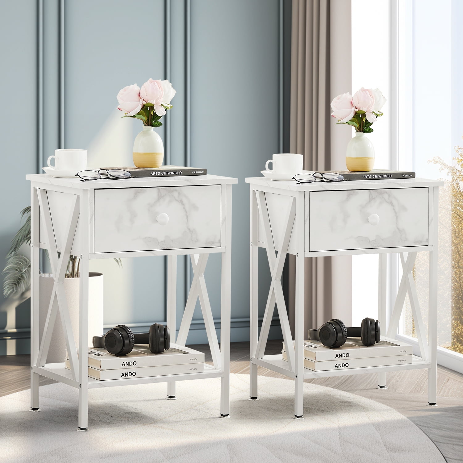 VECELO Set of 2 Nightstand with Drawer and Open Storage Shelves, Bedside End Table for Bedroom Living Room, White