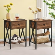 VECELO Set of 2 Nightstand with Drawer and Storage Shelf, X-Design Side End Table, Rustic Brown