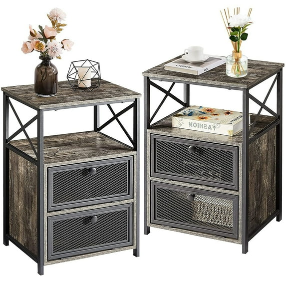 VECELO Set of 2 Nightstands, End Table with 2 Flip Drawers, Modern Bedside Tables for Bedroom/Living Room//Hallway, Old School