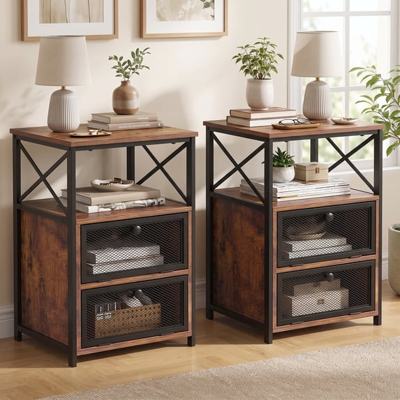 VECELO Set of 2 Nightstands with Flip Doors, Side End Table for Bedroom/Living Room/Office, Brown