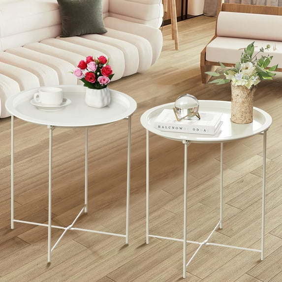 VECELO Set of 2 Round Side End Table, Folding Metal Small Coffee Table with Removable Tray for Living Room Bedroom Balcony and Office, Beige