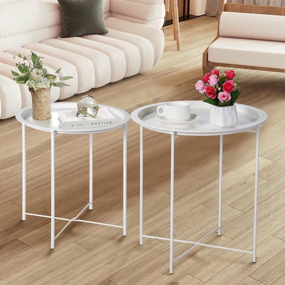 VECELO Set of 2 Round Side End Table, Folding Metal Small Coffee Table with Removable Tray for Living Room Bedroom Balcony and Office, Gray