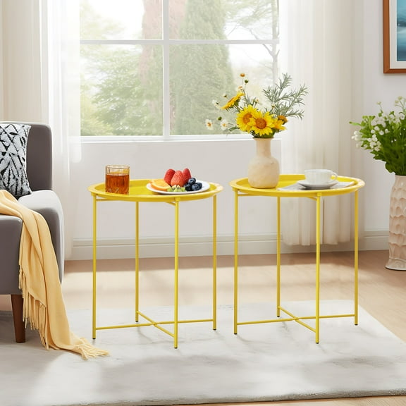 VECELO Set of 2 Round Side End Table, Folding Metal Small Coffee Table with Removable Tray for Living Room Bedroom Balcony and Office, Yellow