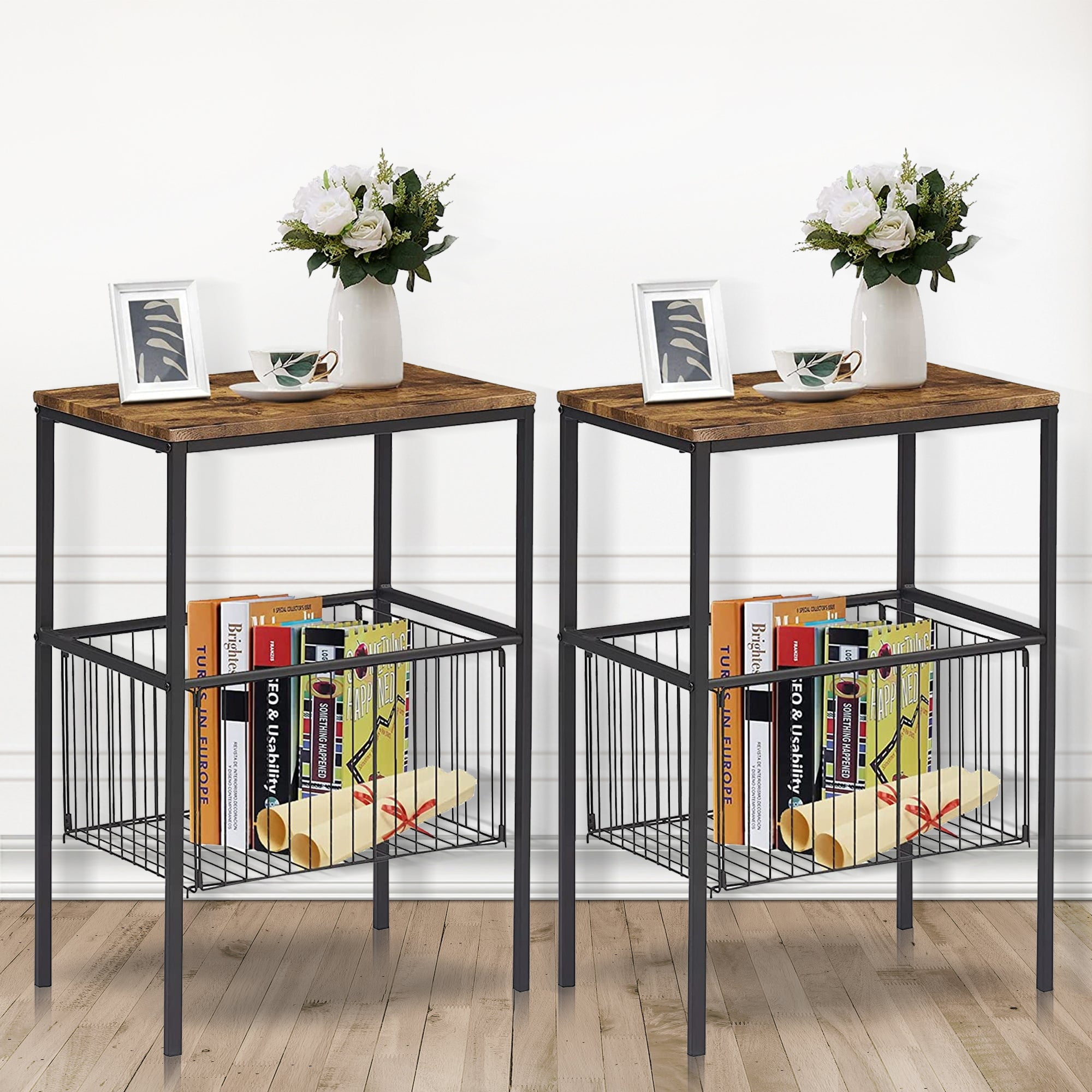 VECELO 2pcs Rustic Wood Storage End Table with Mesh Basket - Industrial ...