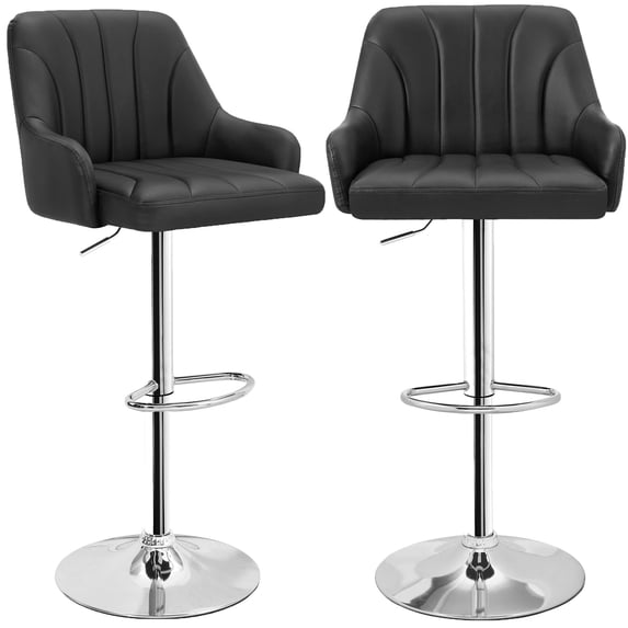 VECELO Set of 2 Swivel Bar Stools, Adjustable Counter Height Barstools Faux Leather Chair with Backrest and Armrest, Black