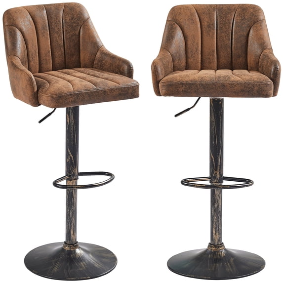 VECELO Set of 2 Swivel Bar Stools, Adjustable Counter Height Barstools Faux Leather Chair with Backrest and Armrest, Dark Brown