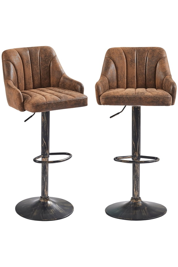 Set of 2 Swivel Bar Stools, Adjustable Counter Height Barstools Faux Leather Chair with Backrest and Armrest, Dark Brown