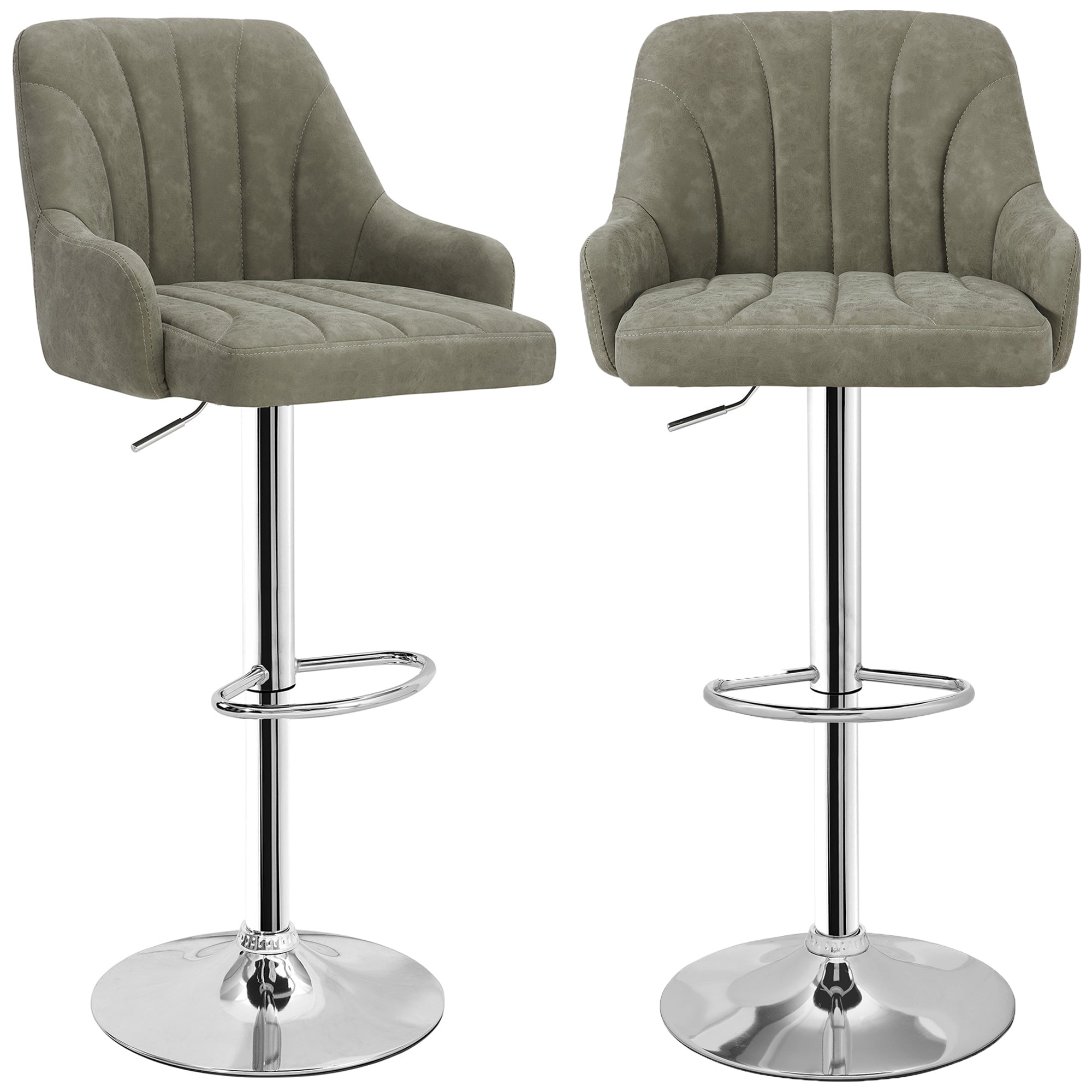 VECELO Set of 2 Swivel Bar Stools, Adjustable Counter Height Barstools Faux Leather Chair with Backrest and Armrest, Dark Gray