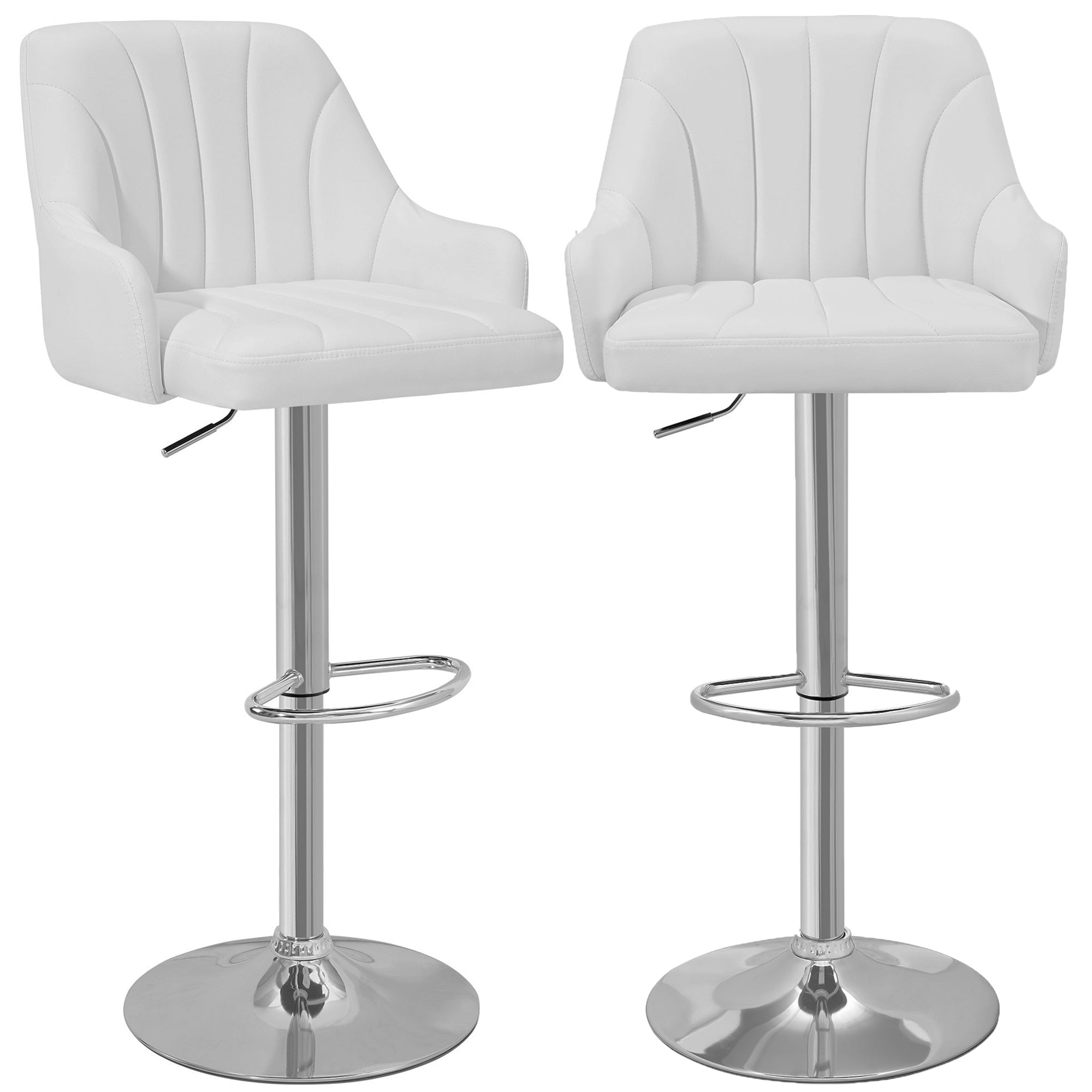 VECELO Set of 2 Swivel Bar Stools, Adjustable Counter Height Barstools Faux Leather Chair with Backrest and Armrest, White