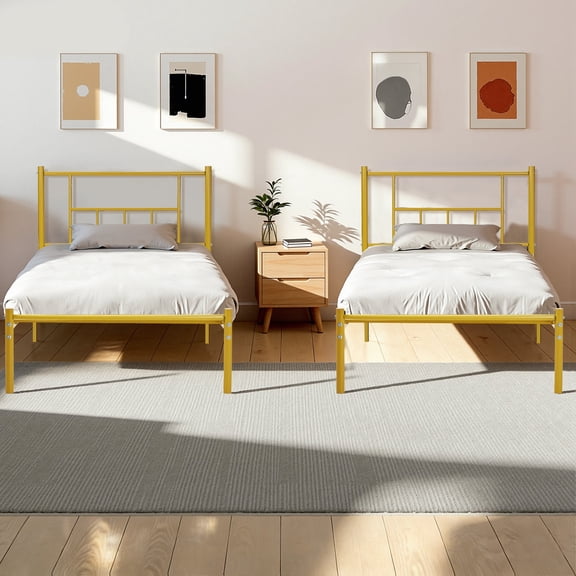 VECELO Set of 2 Twin Bed Frame with Headboard & Footboard, Metal Platform Bed Frame, No Box Spring Needed, Glod