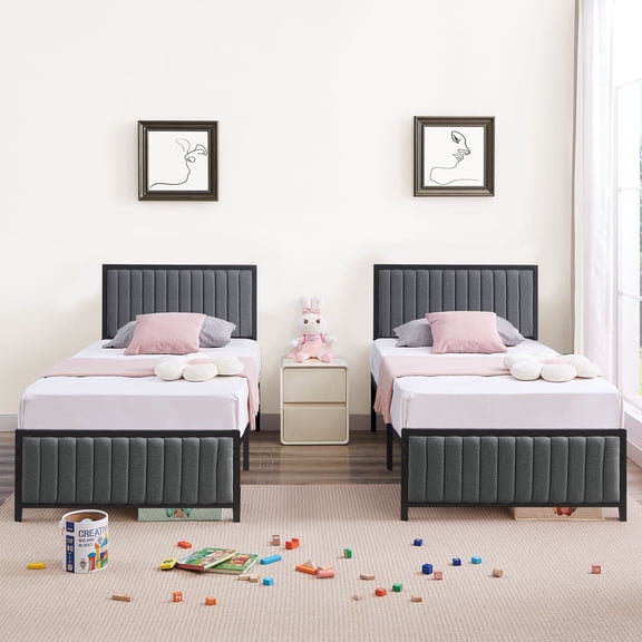 VECELO Set of 2 Twin Bed Frame with Upholstered Tufted Headboard & Footboard, No Box Spring Needed, Gray