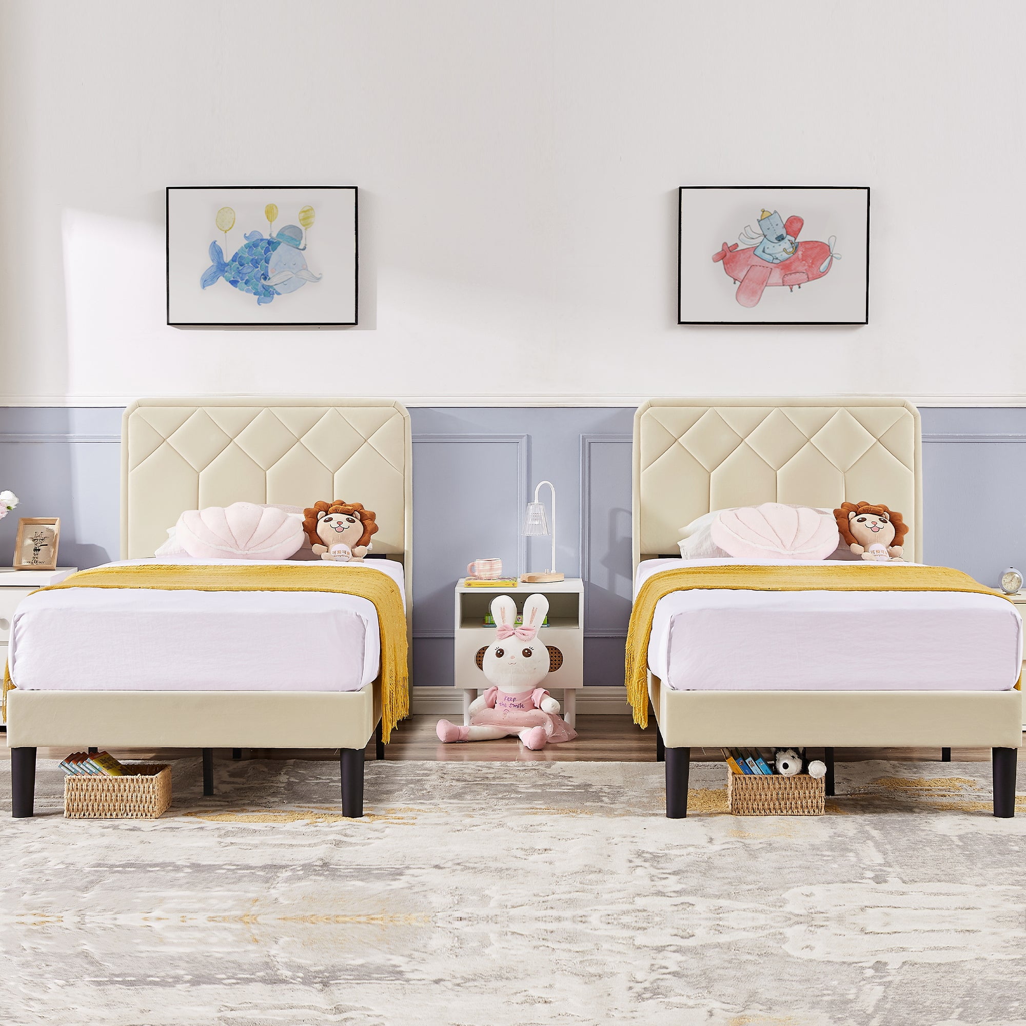 VECELO Set of 2 Twin Bed Frames, Modern Upholstered Platform Bed Frame with Adjustable Headboard