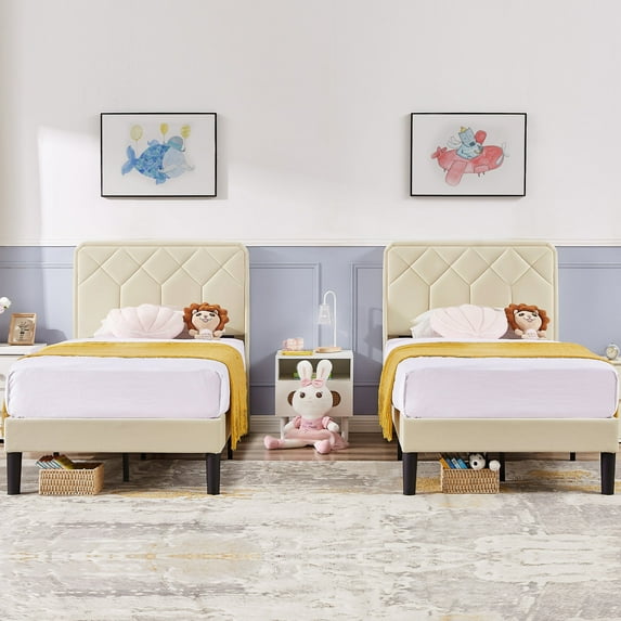 VECELO Set of 2 Twin Bed Frames, Modern Upholstered Platform Bed Frame with Adjustable Headboard, No Box Spring Needed, Beige