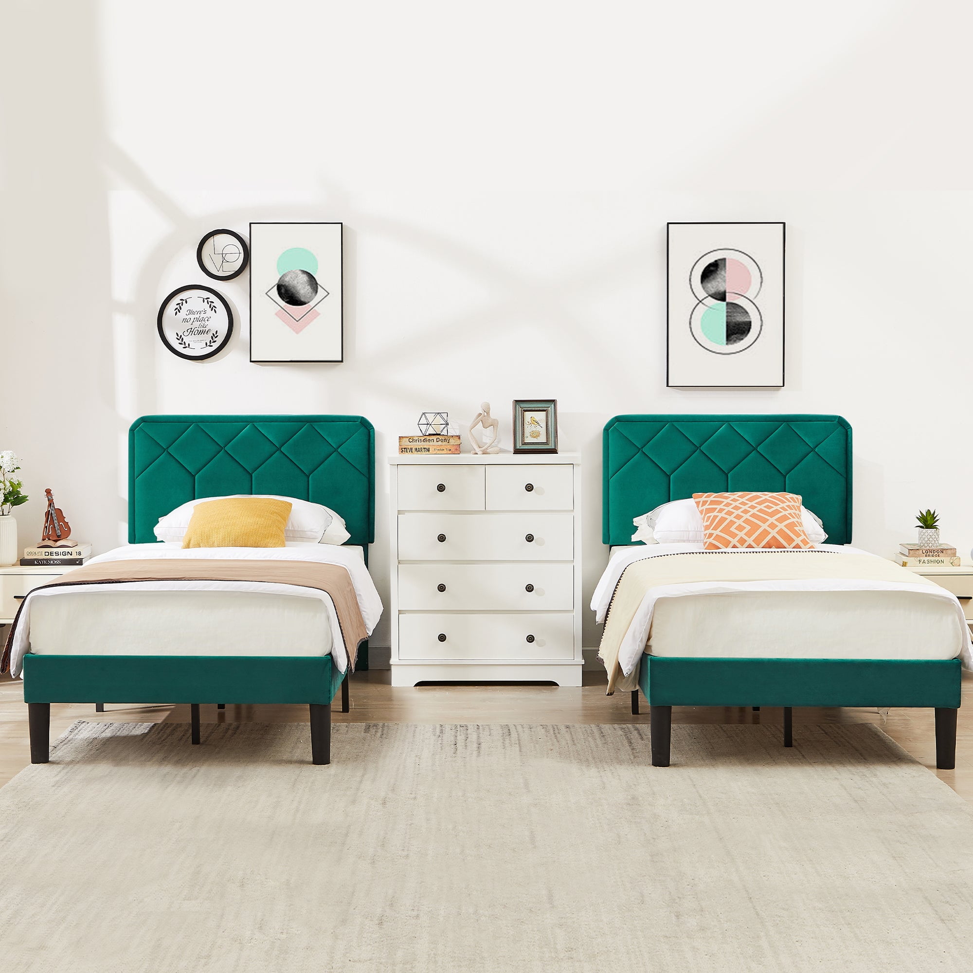 VECELO Set of 2 Twin Bed Frames, Modern Upholstered Platform Bed Frame