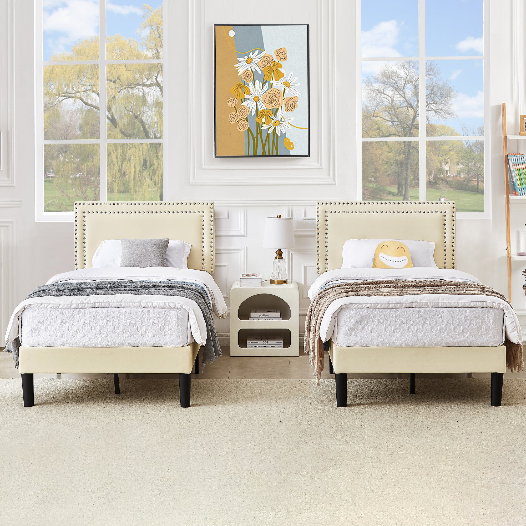 VECELO Set of 2 Twin Bed Frames, Modern Upholstered Platform Bed Frame with Button Tufted