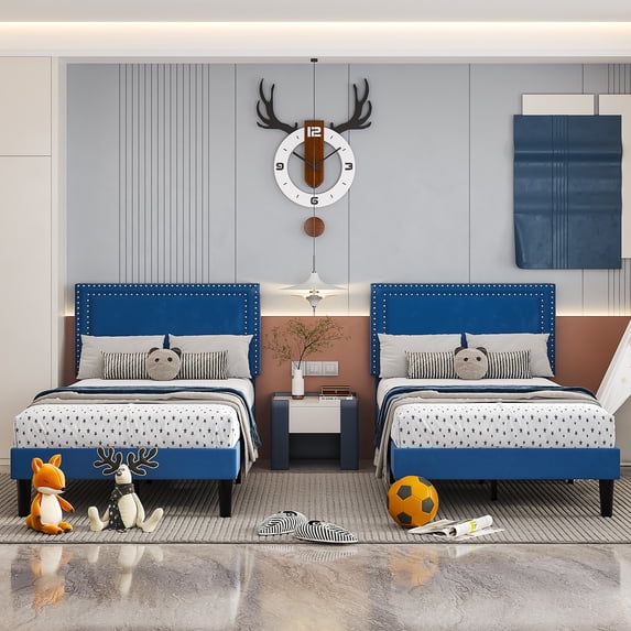 VECELO Set of 2 Twin Bed Frames, Modern Upholstered Platform Bed Frame with Button Tufted Adjustable Headboard, No Box Spring Needed, Dark Blue