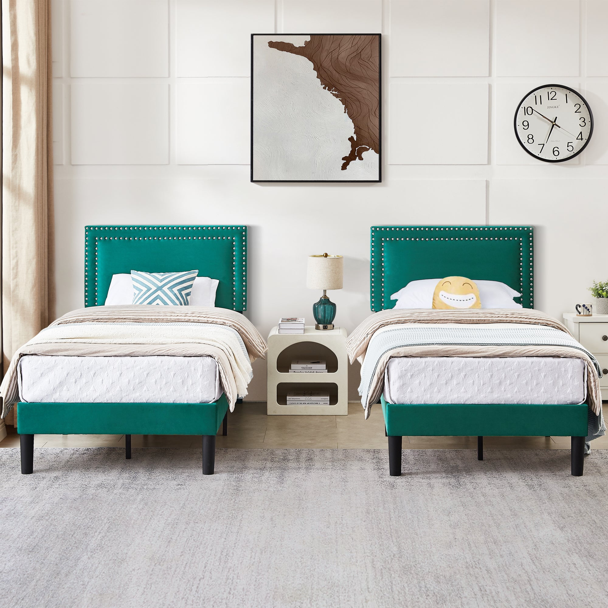 VECELO Set of 2 Twin Bed Frames, Modern Upholstered Platform Bed Frame with Button Tufted