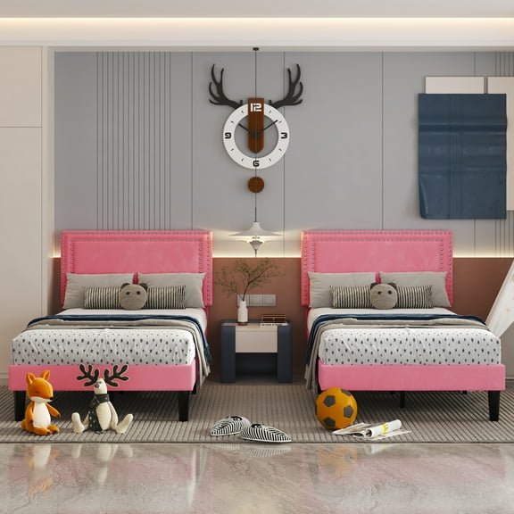 VECELO Set of 2 Twin Bed Frames, Modern Upholstered Platform Bed Frame with Button Tufted Adjustable Headboard, No Box Spring Needed, Pink