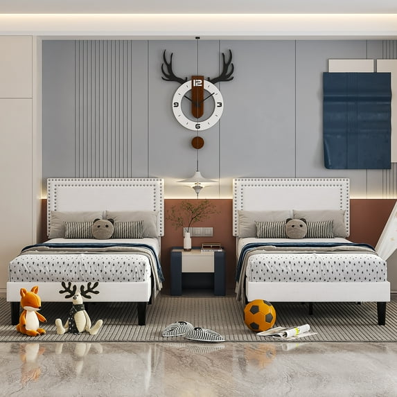 VECELO Set of 2 Twin Bed Frames, Modern Upholstered Platform Bed Frame with Button Tufted Adjustable Headboard, No Box Spring Needed, White