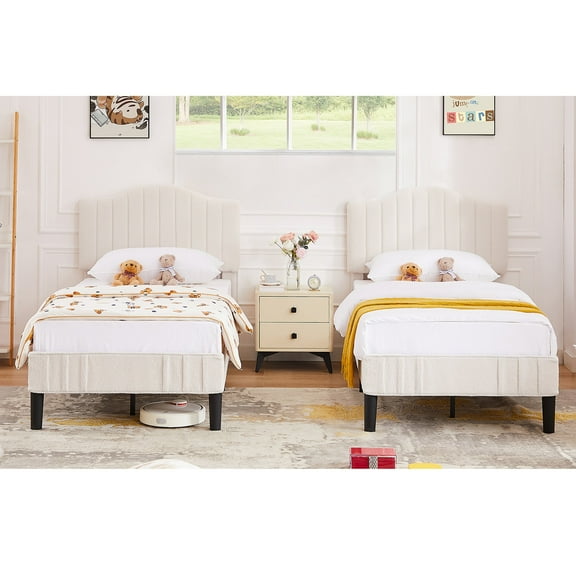 VECELO Set of 2 Twin Bed Frames, Modern Upholstered Platform Bed Frame with Flannel Fabric Adjustable Headboard, No Box Spring Needed, Beige