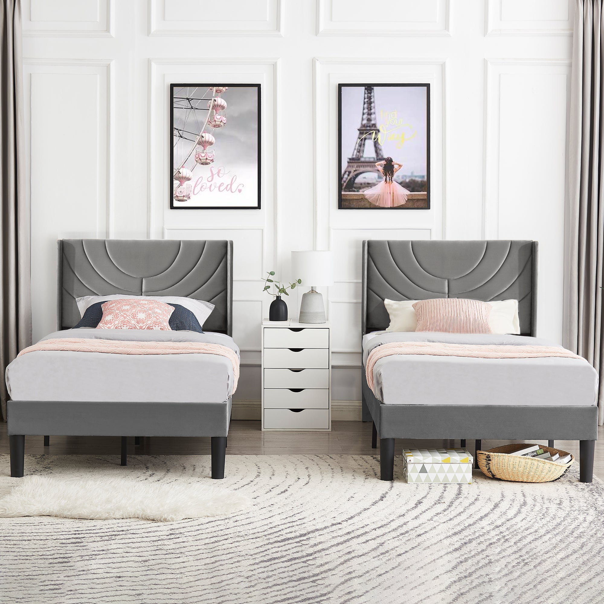 VECELO Set of 2 Twin Bed Frames, Modern Upholstered Platform Bed Frame with Tufted Headboard, No
