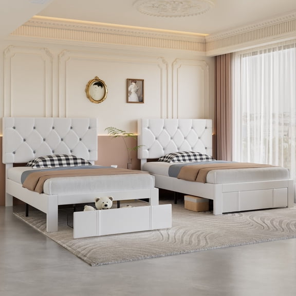 VECELO Set of 2 Twin Size Bed Frame Leather Upholstered Platform Bed with Drawers and Headboard, Easy To Assemble, No Box Spring Needed, White