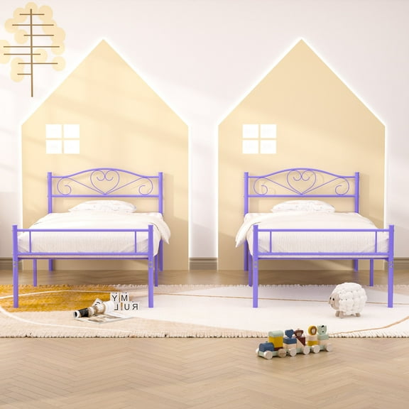 VECELO Set of 2 Twin Size Metal Platform Bed Frame with Headboard and Footboard, Heavy Duty Slat Steel Slat Support, No Box Spring Needed, Purple